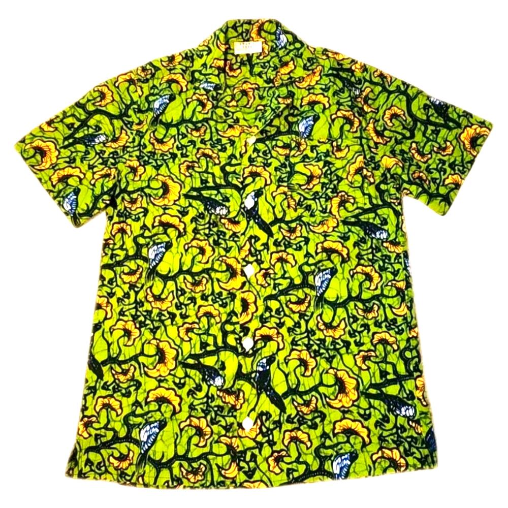 Swahili Coast Camp Shirt All Cotton Blue Birds Green Yellow Tribal NWOT Men's L